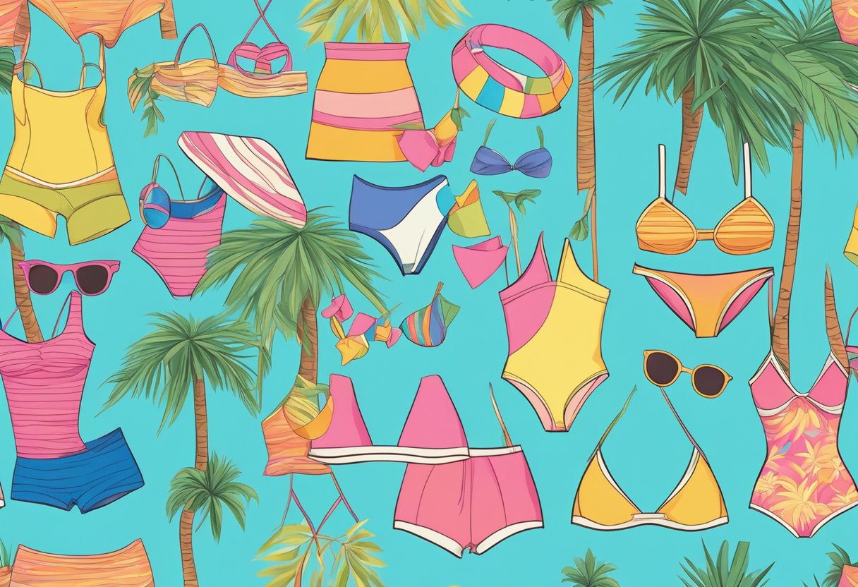 A colorful array of swimwear designs displayed on a beach backdrop with palm trees and a clear blue ocean in the background