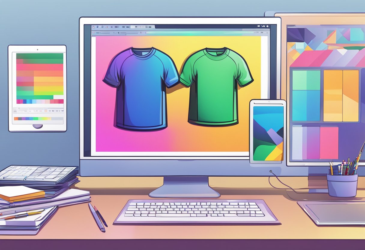 A computer screen with a graphic design software open, showing a colorful and creative t-shirt design being created