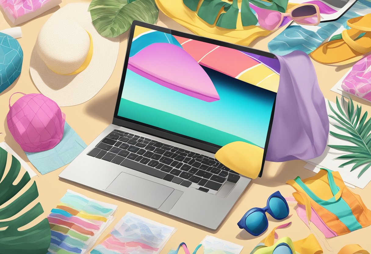 A sunny beach with colorful swimwear designs laid out on a table, surrounded by sketches, fabric swatches, and a laptop with design software open