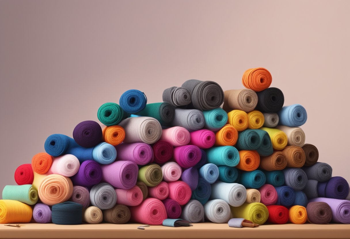 A pile of colorful socks arranged neatly on a display table, surrounded by spools of thread, sewing needles, and fabric swatches