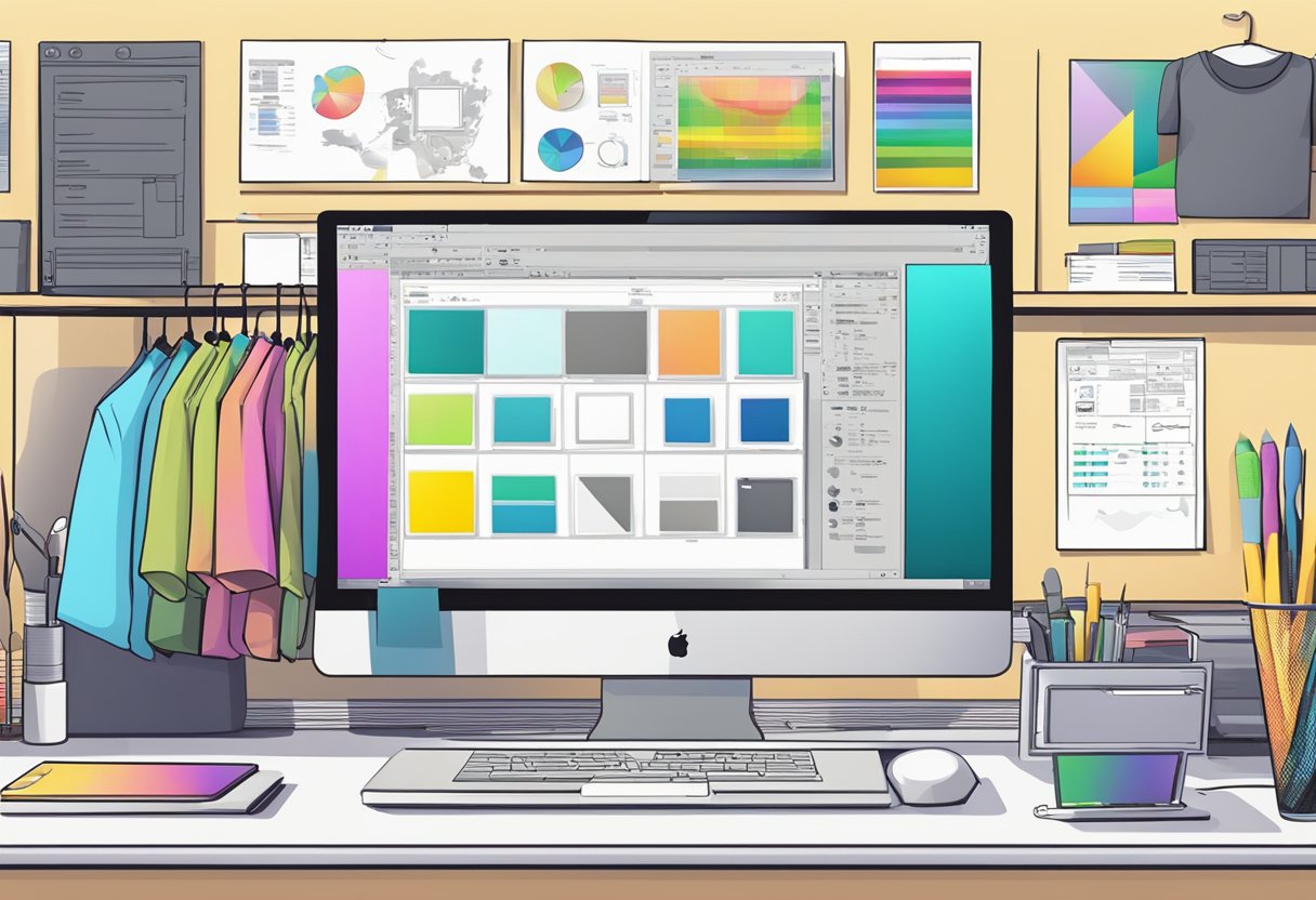 A computer screen with a graphic design software open, showing various tools and options for creating t-shirt designs