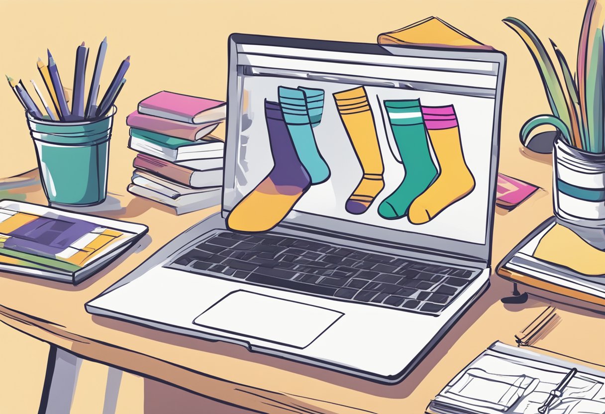 A table with colorful socks arranged in neat rows, a laptop open to a webpage about starting a business, and a notebook with sketches of sock designs