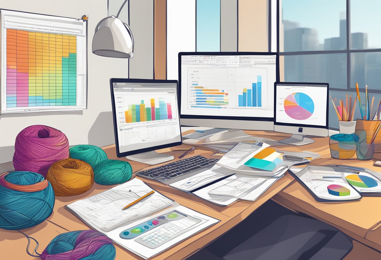 A work table with design sketches, colorful yarn, knitting needles, and a computer displaying market research and financial projections for a sock business