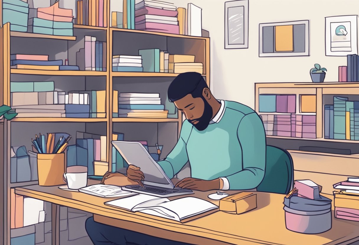 A cozy, well-lit room with shelves full of colorful socks, a desk with a laptop and paperwork, and a person sketching out business plans