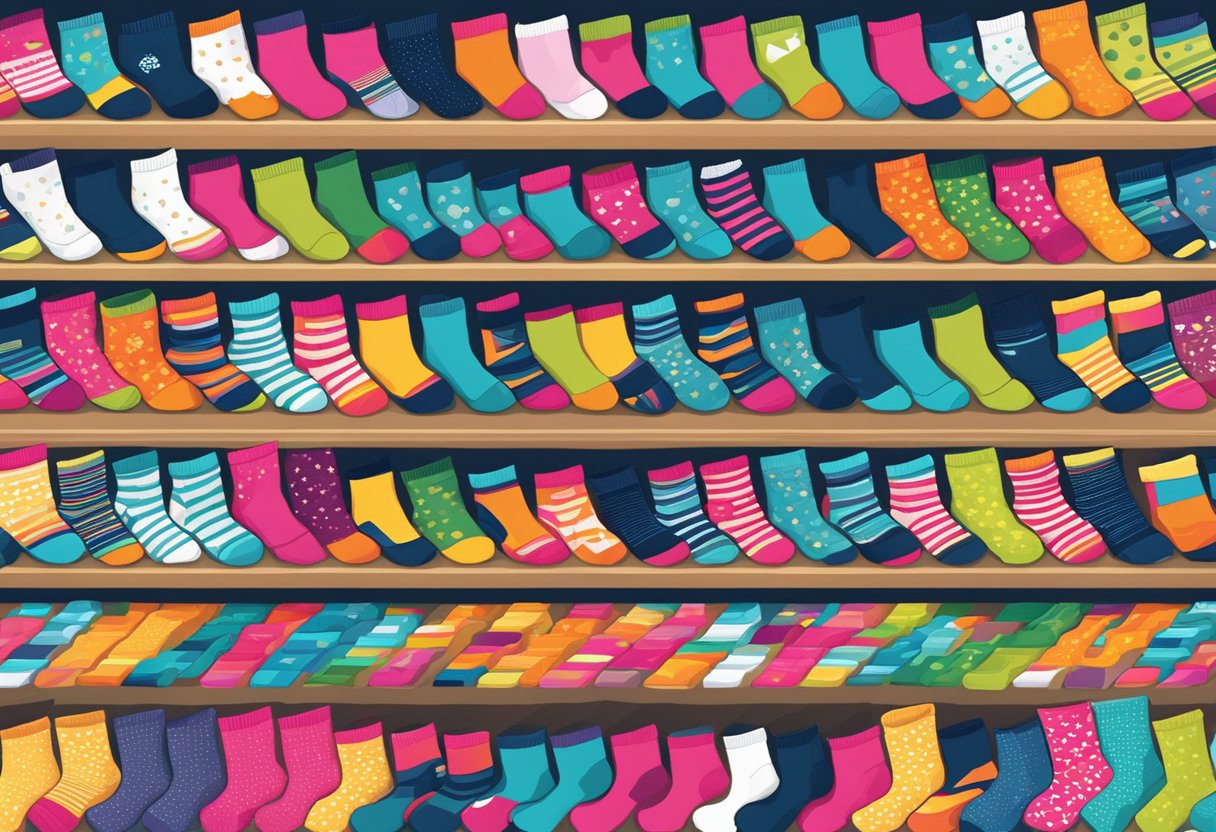 A colorful array of socks arranged in a neat display, with a logo and brand name prominently featured