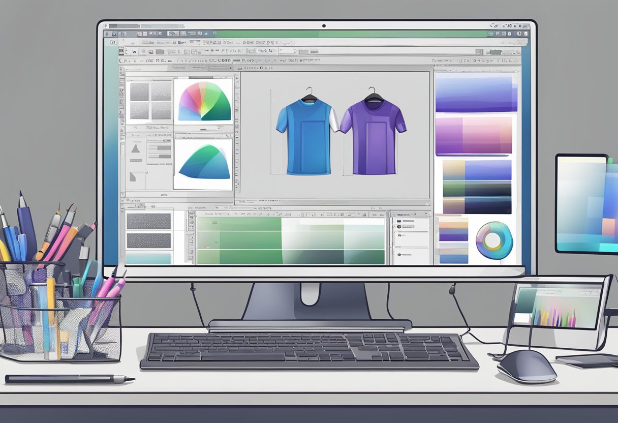 A computer screen with a graphic design software open, featuring various tools and options for creating t-shirt designs