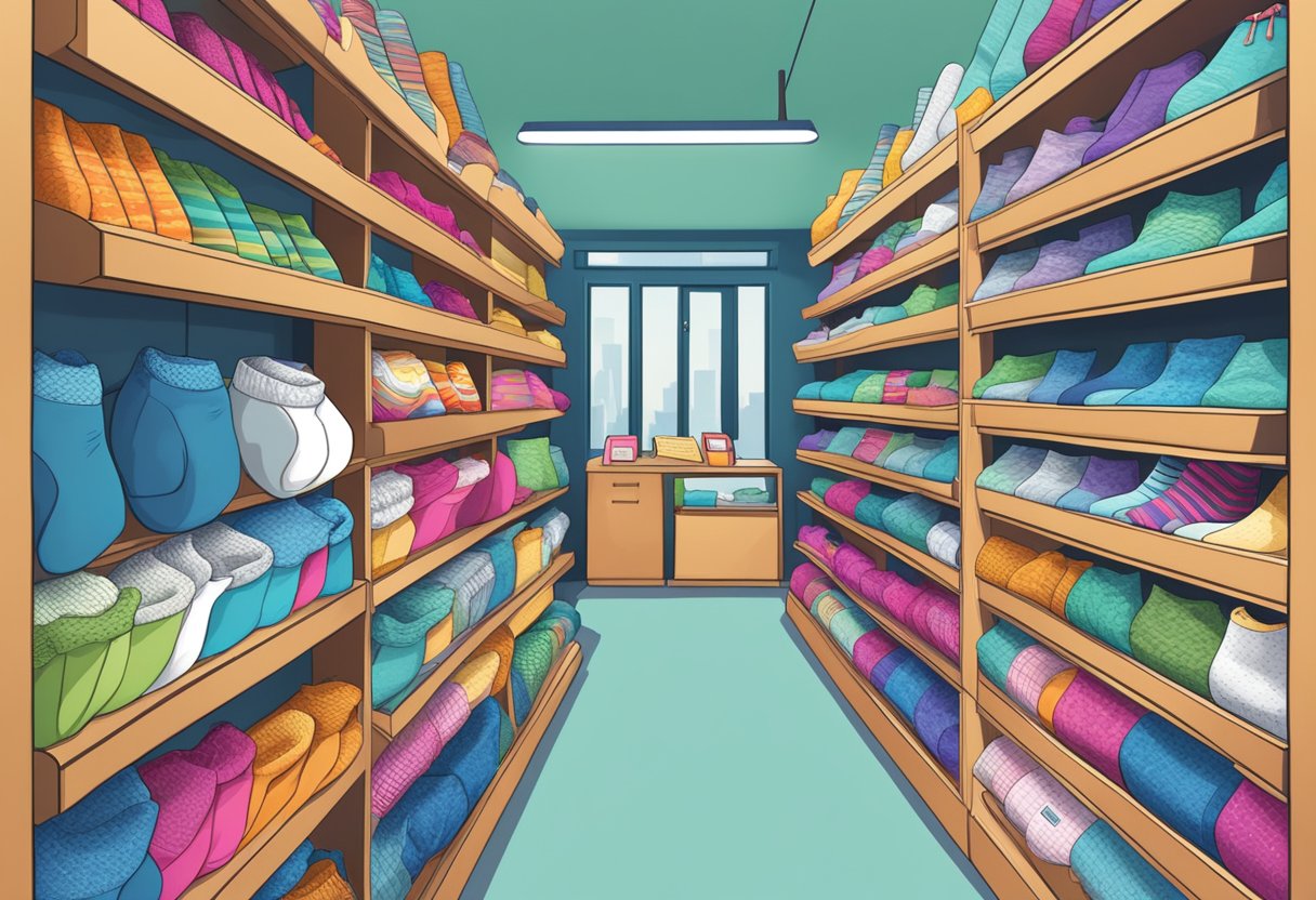 A cozy, colorful array of socks displayed on shelves, with a cash register and packaging materials nearby