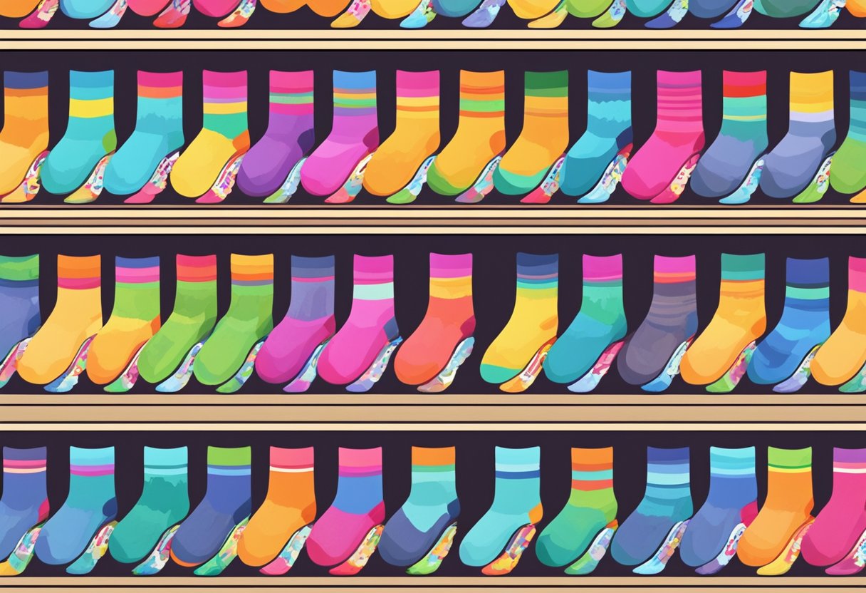 A colorful display of various sock designs arranged on shelves, with a sign promoting a "Buy One, Get One Free" sale