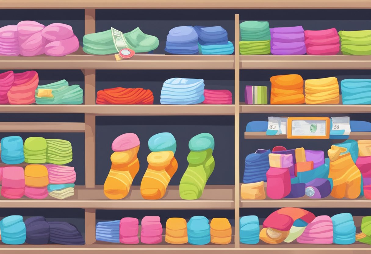 A colorful array of socks displayed on shelves, with a cash register and packaging supplies in the background