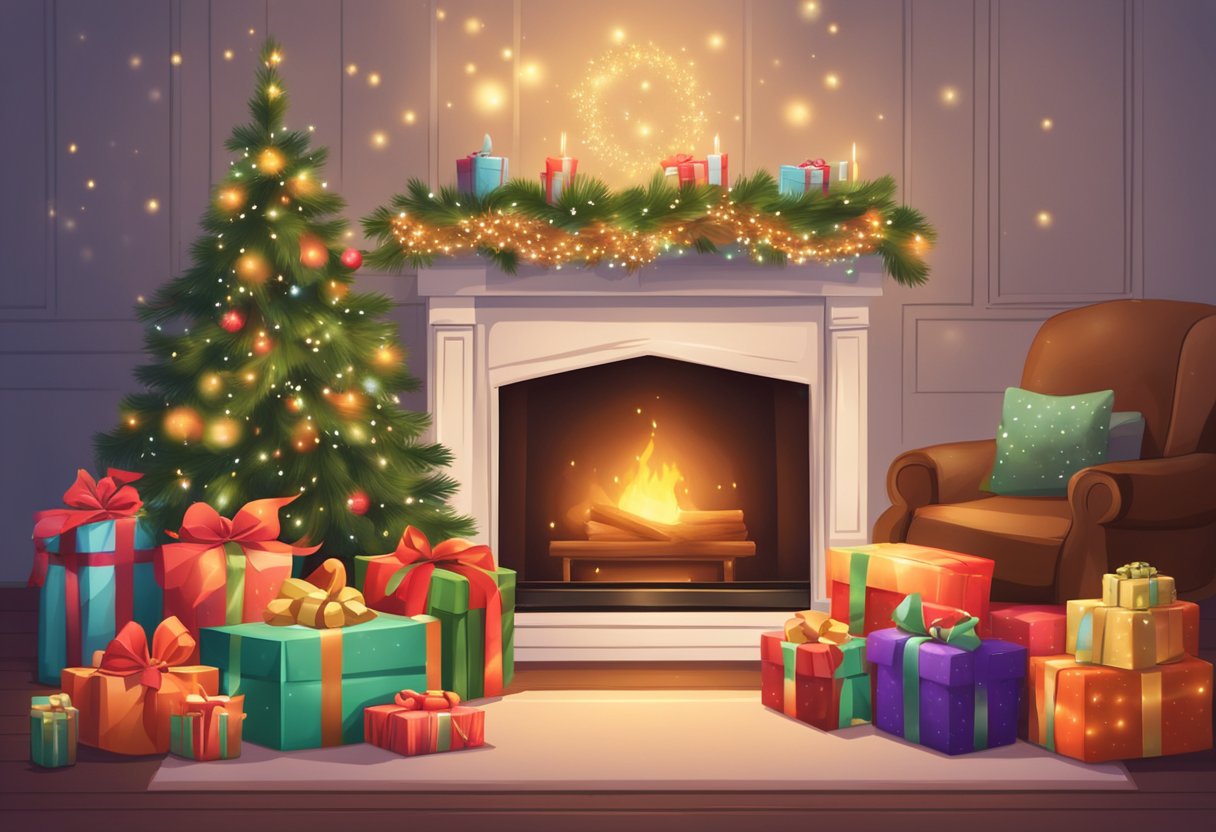 A cozy fireplace with festive decorations and a stack of wrapped presents, surrounded by twinkling lights and a holiday-themed banner