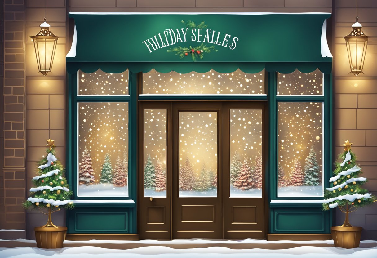 A festive storefront display with twinkling lights, snowflakes, and a large banner promoting holiday sales