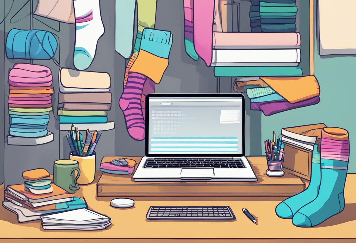 A table with a laptop, notebook, and pen. A stack of colorful socks and a display of sock designs. A sign with "Frequently Asked Questions" on the wall