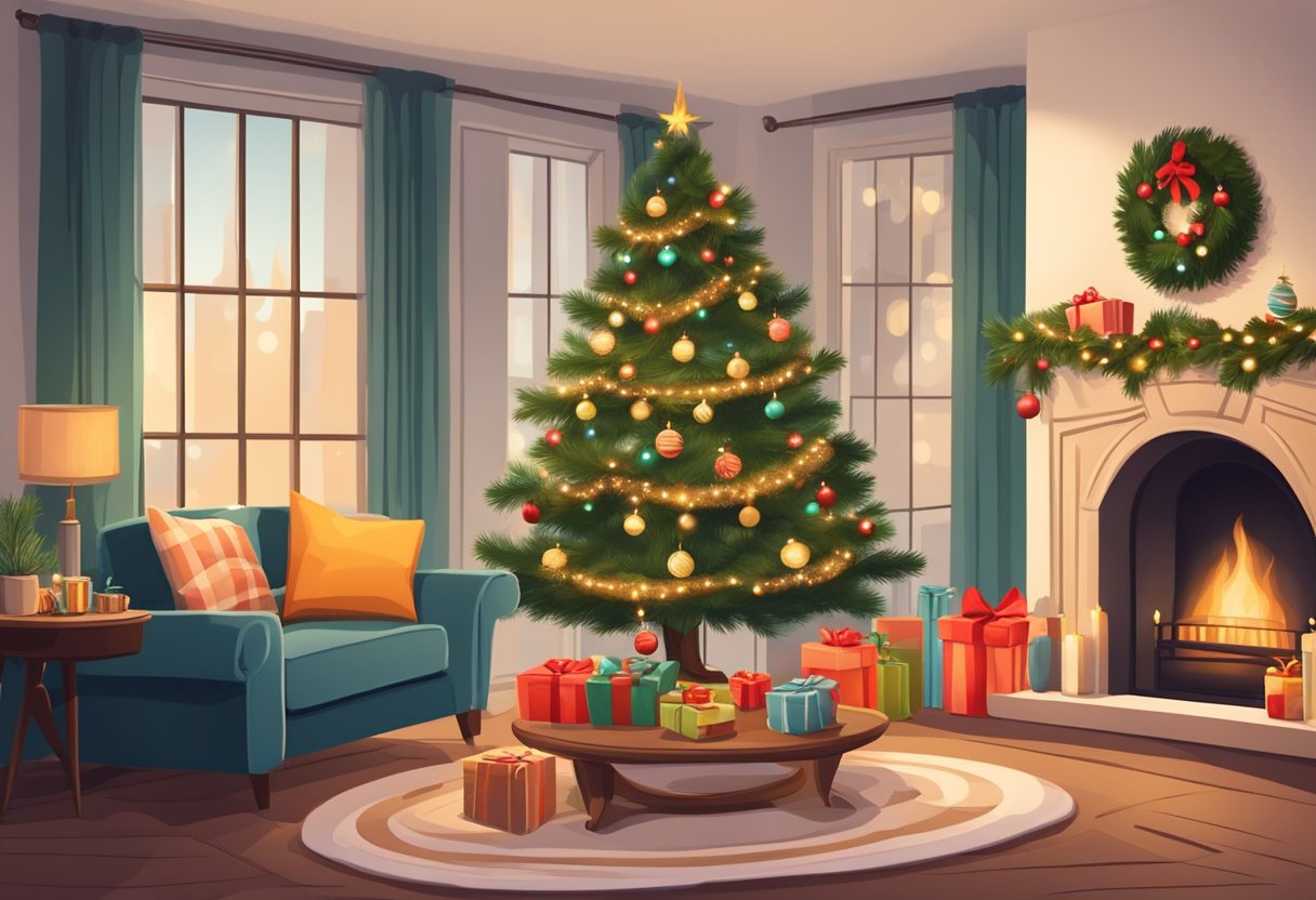 A cozy living room with a decorated Christmas tree, wrapped presents, and a warm fireplace, with a mug of hot cocoa and a plate of cookies on a table