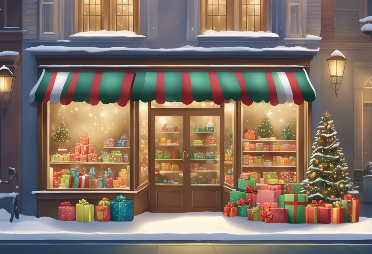 A festive storefront display featuring holiday-themed products and promotions