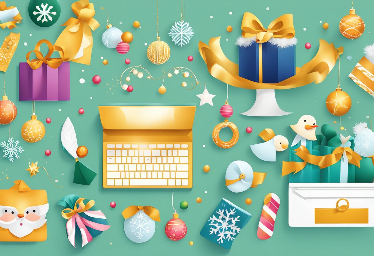 A festive holiday-themed email marketing campaign with a cheerful and inviting design, featuring seasonal decorations and products