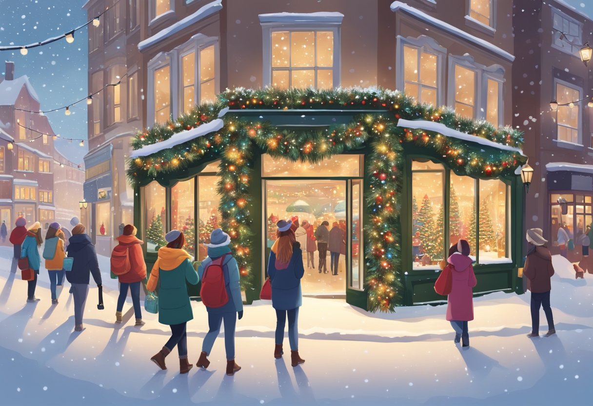 A festive storefront display with twinkling lights and a giant wreath, surrounded by cheerful shoppers and a snow-covered landscape