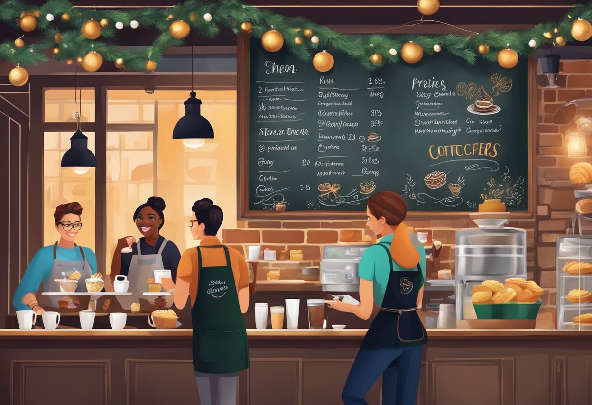 A cozy coffee shop with festive decorations and a chalkboard menu featuring holiday-themed drinks and pastries. Customers chat with smiling baristas