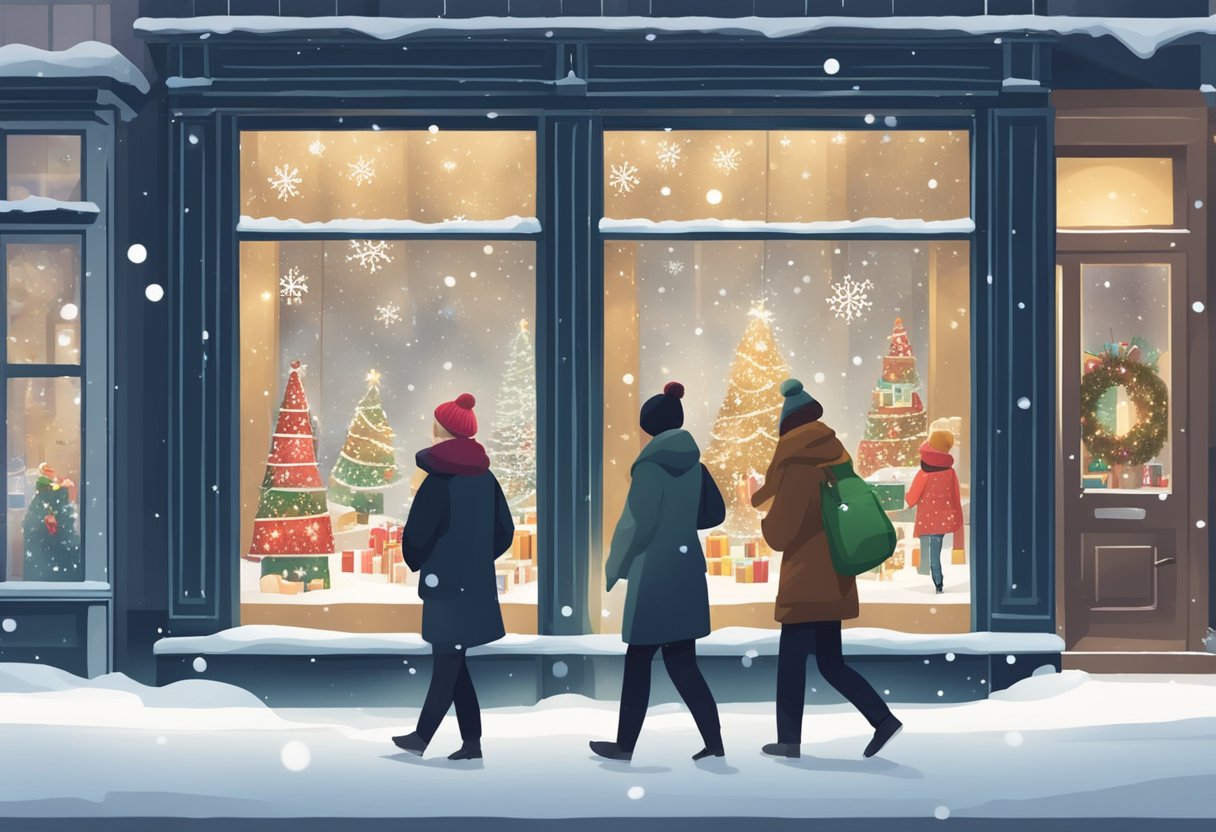 A festive storefront with a large, illuminated sign and holiday-themed window displays. Snowflakes fall gently, and people pass by, admiring the decorations