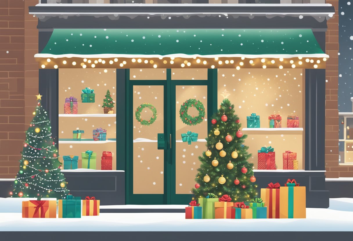 A festive storefront adorned with twinkling lights, a wreath, and a digital display showcasing holiday promotions. A line of customers flows seamlessly from online to in-store checkout