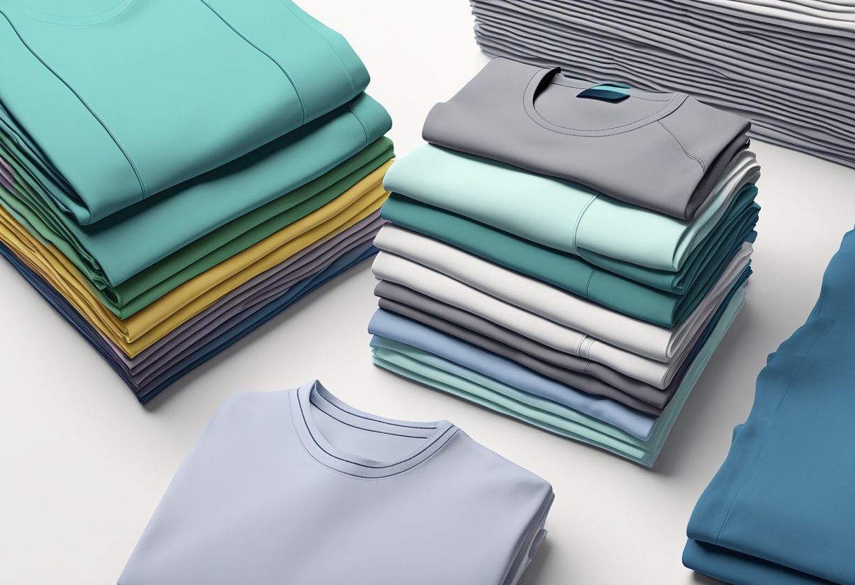 A stack of blank t-shirts in various colors and sizes, neatly folded and arranged on a clean, white table