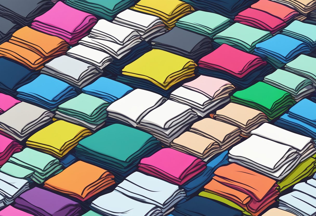 A stack of blank t-shirts in various colors and sizes neatly folded on a table