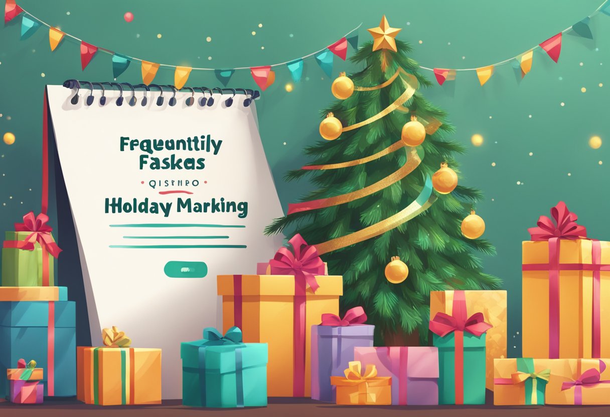 A festive holiday-themed background with a stack of gift-wrapped presents, a decorated Christmas tree, and a banner with "Frequently Asked Questions holiday marketing ideas" displayed prominently