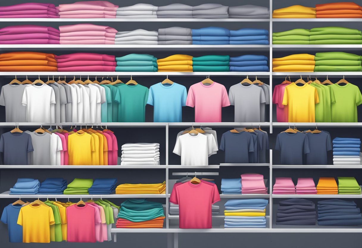 A colorful display of various blank t-shirts from top brands, neatly folded and arranged on shelves in a well-lit retail store