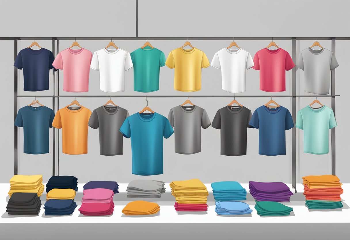 A table with various blank t-shirts in different colors and styles, alongside fabric swatches and decoration samples