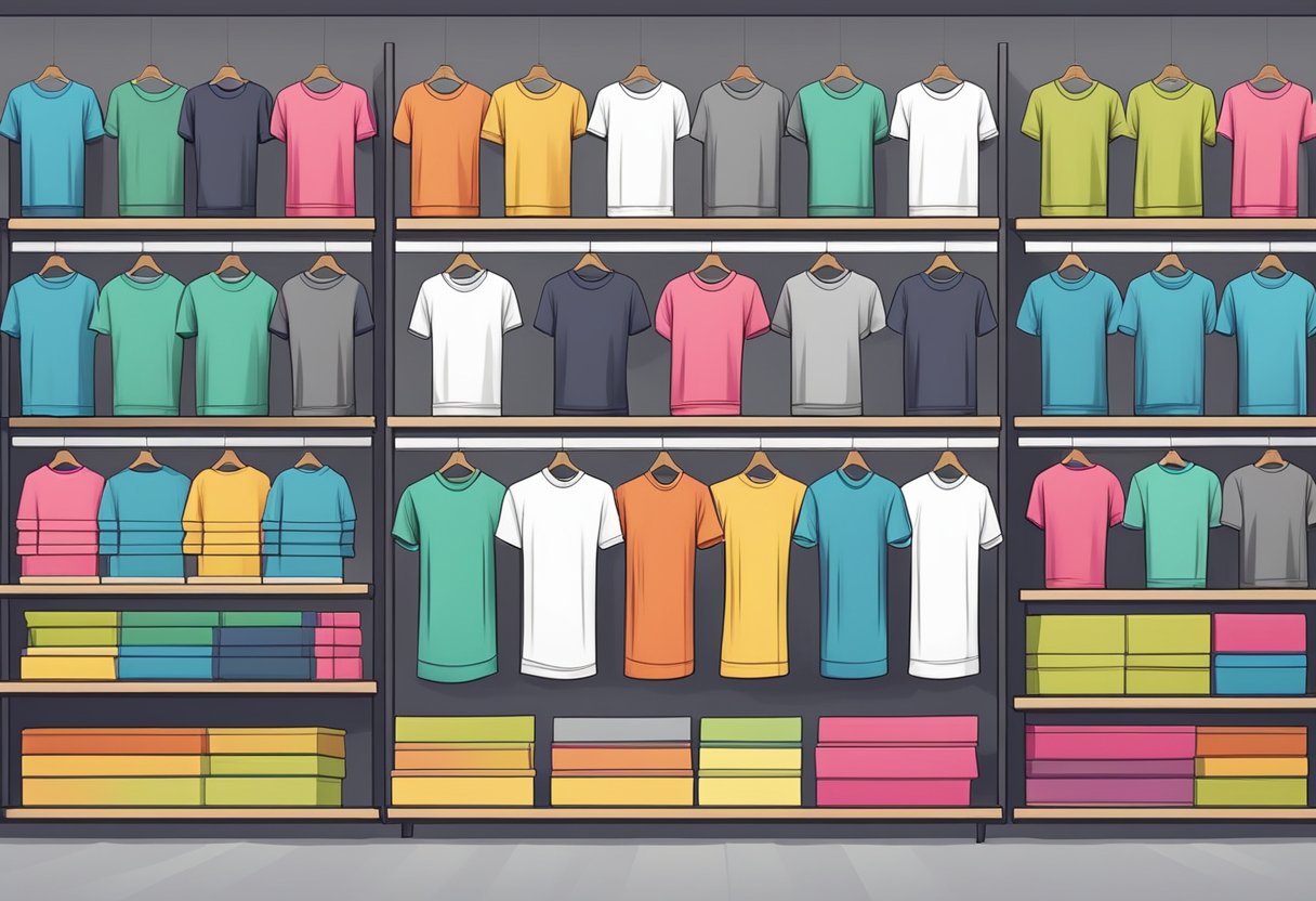 A stack of blank t-shirts in various colors and sizes on display shelves in a clothing store