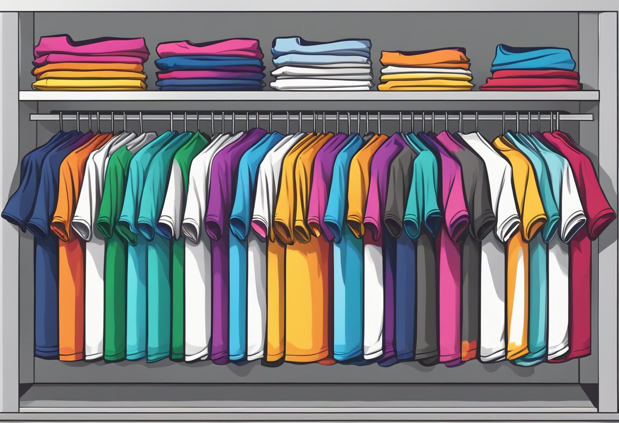 A stack of blank t-shirts in various colors and sizes displayed on a clean, well-lit shelf