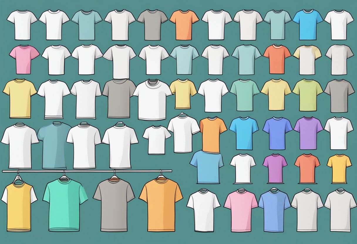 A colorful array of blank t-shirts displayed on a virtual storefront, with various sizes and styles available for purchase