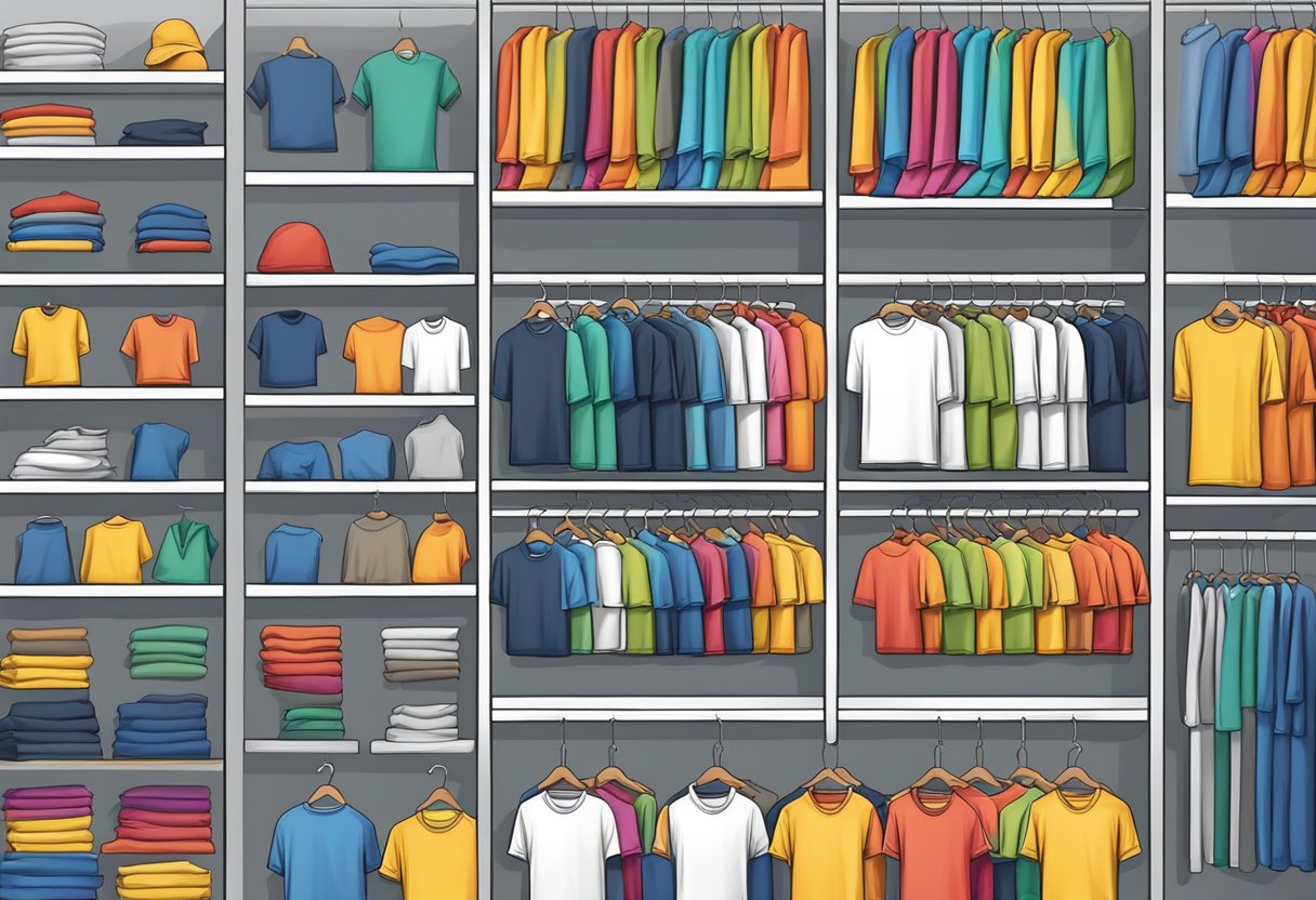 A variety of blank t-shirts in different colors and sizes displayed on shelves