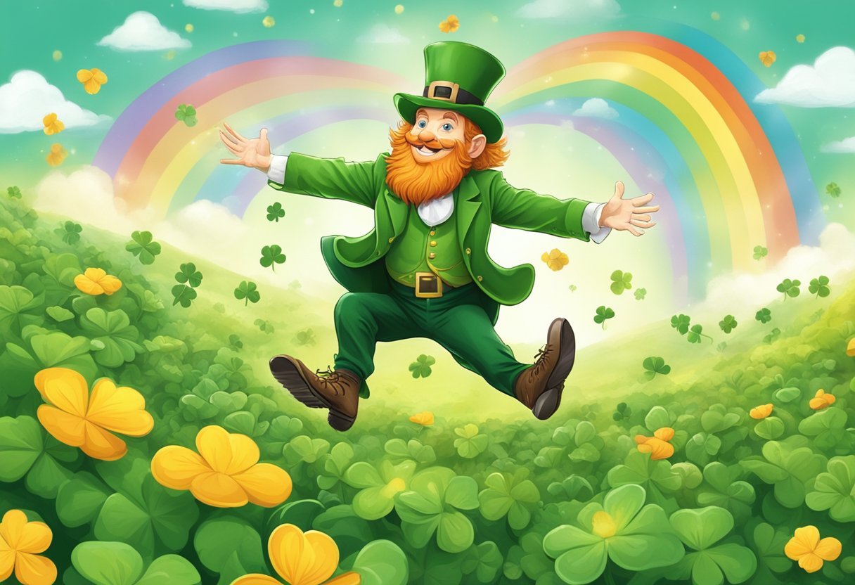 A leprechaun dancing on a field of clovers, surrounded by pots of gold and rainbows