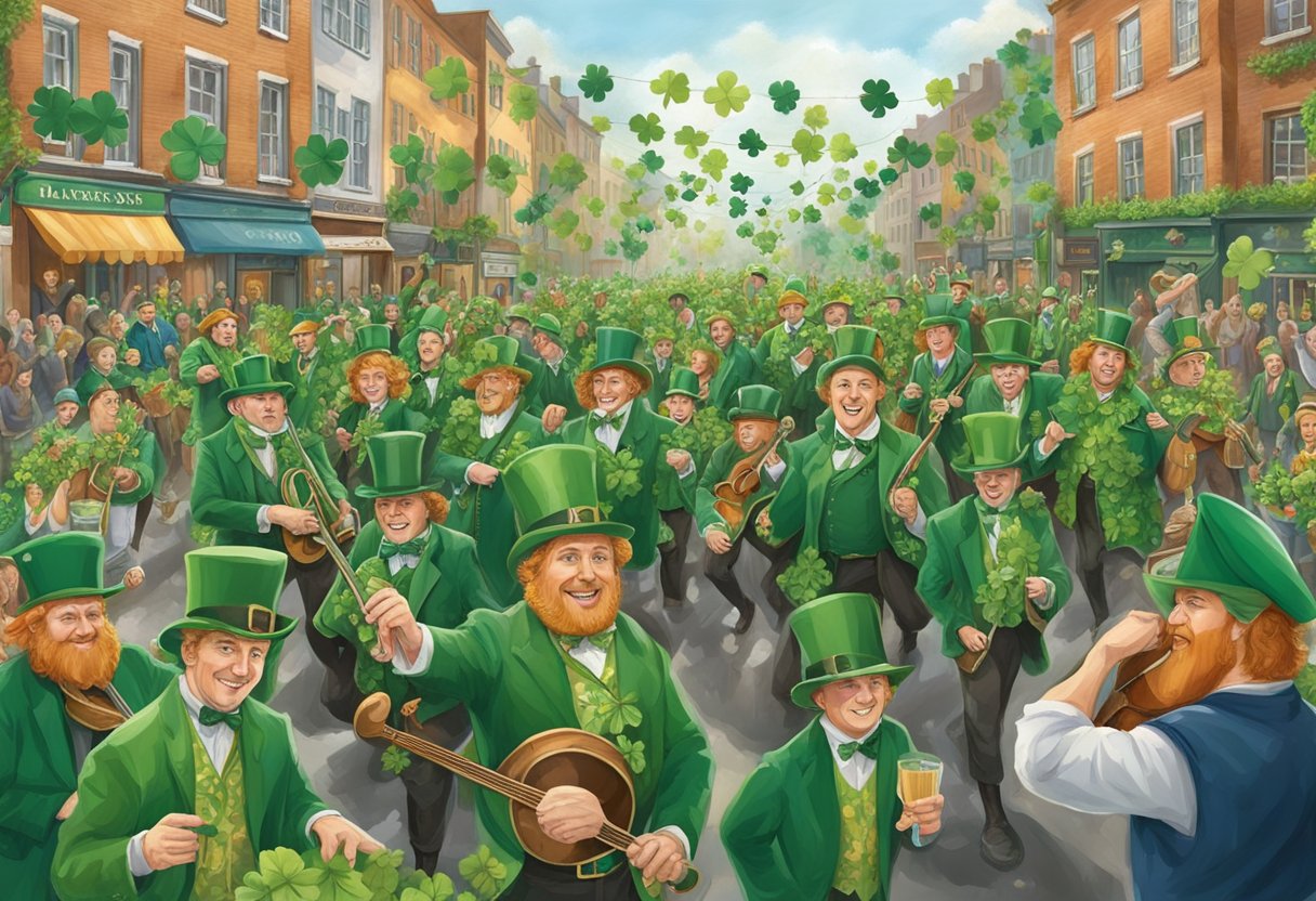 A festive parade with green-clad spectators, shamrocks, and leprechauns, surrounded by Irish flags and traditional Celtic music