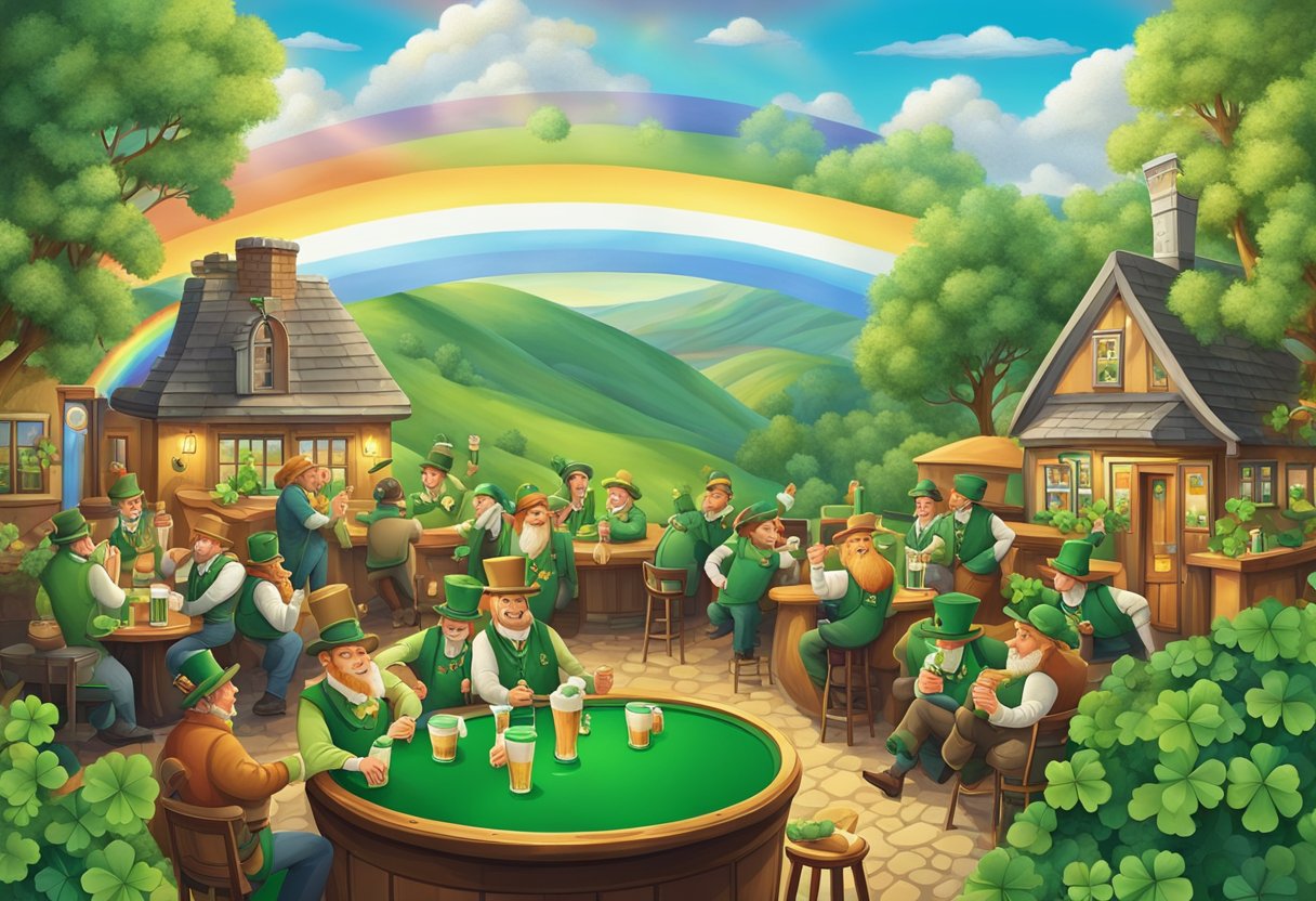 A lively pub scene with shamrocks, leprechauns, and pints of beer, surrounded by green hills and a rainbow in the background