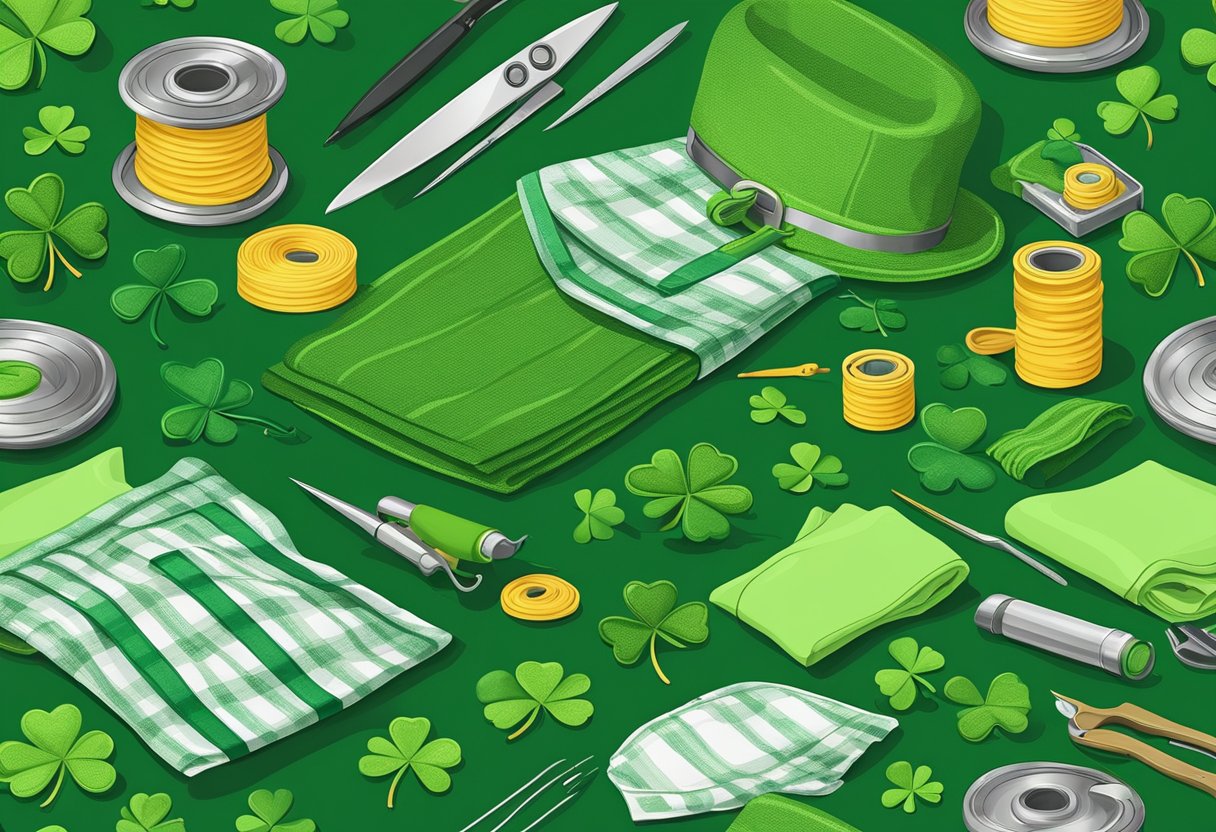 A table filled with green fabric, shamrock patterns, and sewing tools for crafting St. Patrick's Day shirts