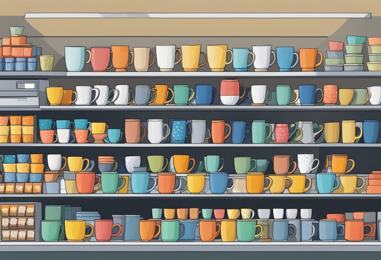 A colorful display of various mugs arranged on a shelf, with a cash register nearby and a customer browsing the selection