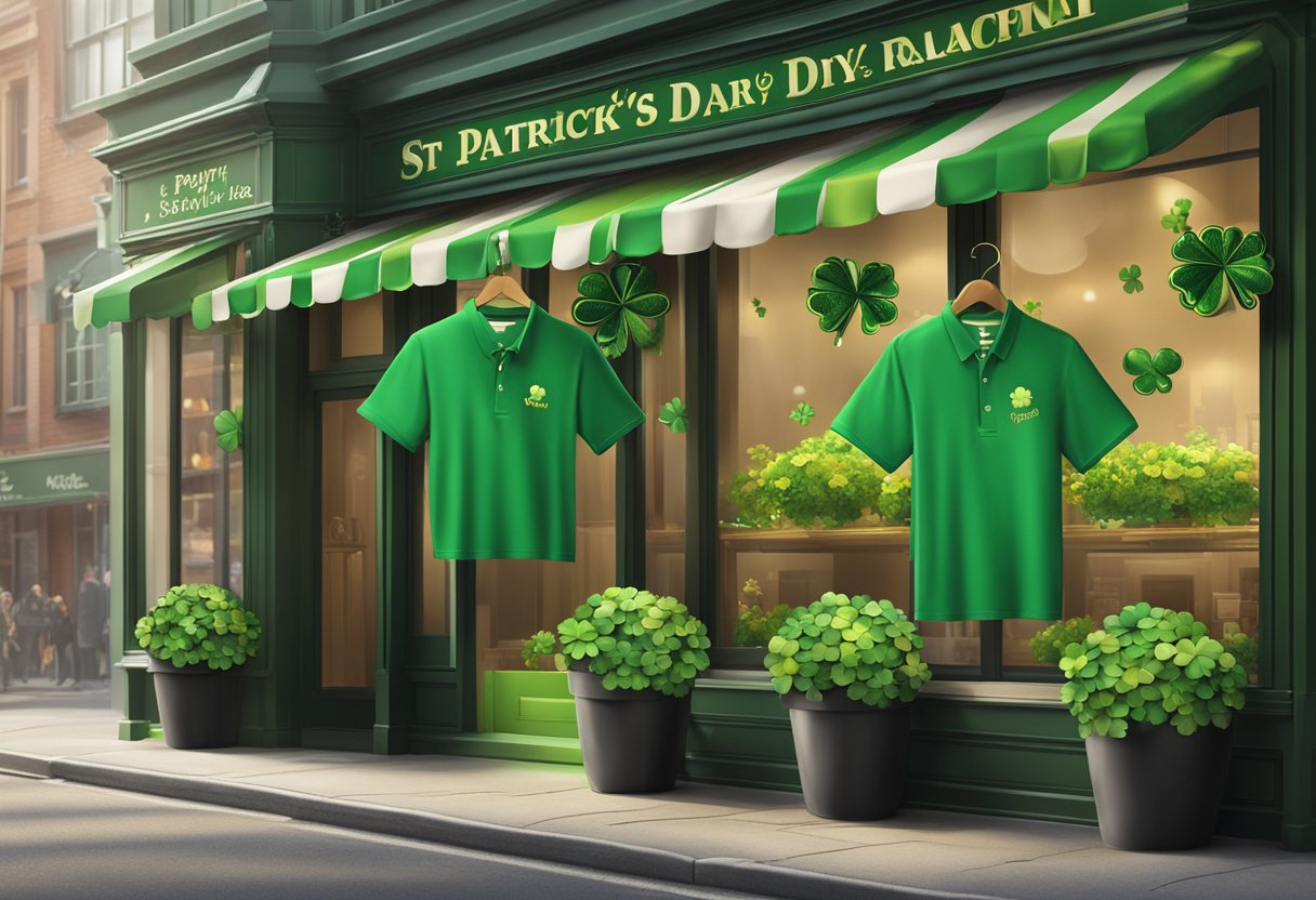 A festive display of St. Patrick's Day shirts with vibrant green, clovers, and Irish-themed designs arranged on a digital storefront