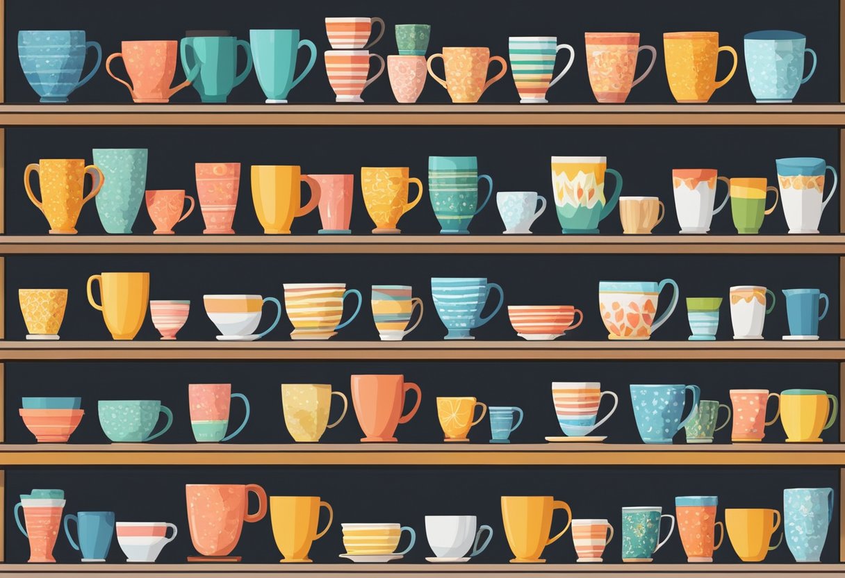 A colorful array of mugs arranged on shelves, with various designs and sizes, catching the light in a cozy, well-lit shop