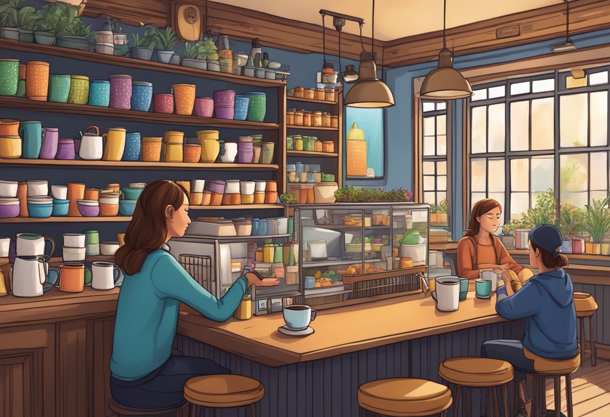 A cozy cafe with shelves of colorful mugs, a cash register, and customers sipping drinks at tables