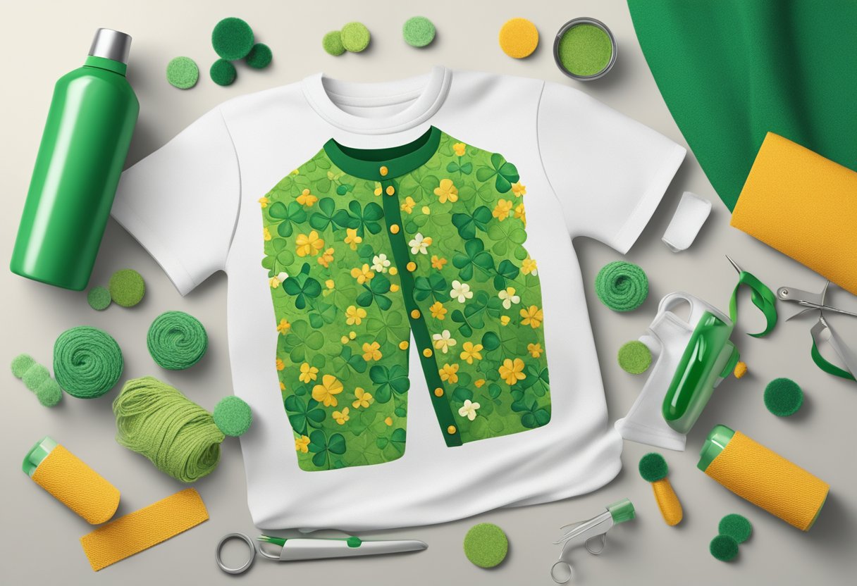 A festive St. Patrick's Day shirt laid out on a clean surface, surrounded by a bottle of fabric cleaner, a lint roller, and a sewing kit