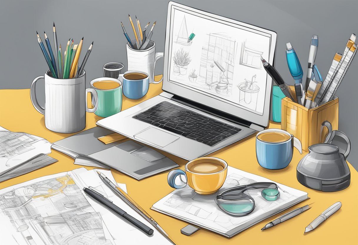 A table with mugs in various colors and designs, surrounded by sketches and design tools