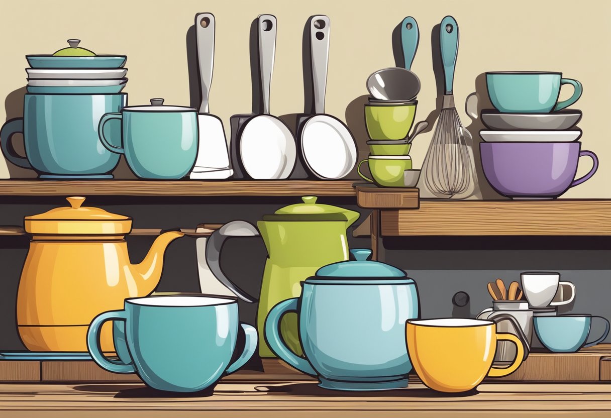 A stack of colorful mugs on a wooden table, surrounded by measuring cups, a mixing bowl, and various kitchen utensils