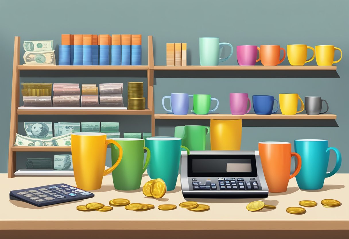 A row of colorful mugs on a shelf, with a cash register and calculator nearby. Various coins and bills scattered around