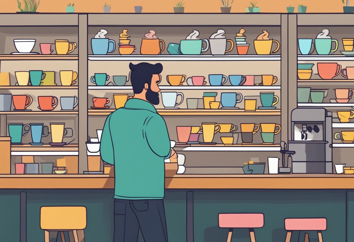 A stack of colorful mugs displayed on shelves in a cozy cafe, with a barista serving a customer at the counter