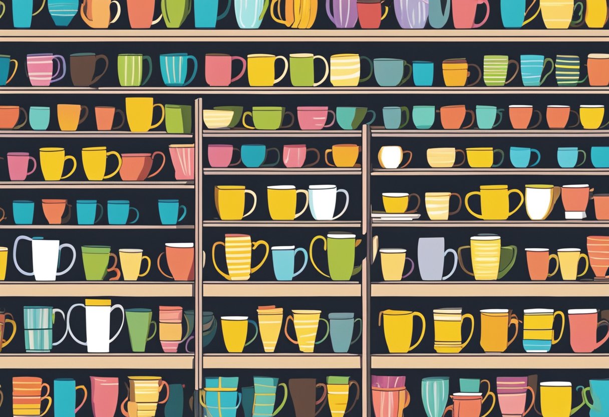 A colorful array of mugs displayed on a well-lit shelf, with a customer happily making a purchase at the checkout counter