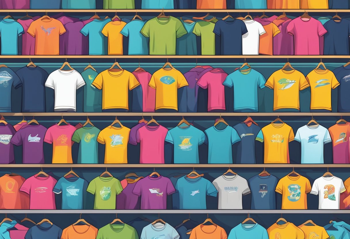 A colorful array of t-shirts arranged in a vibrant display, with various designs and sizes showcased on a clean, modern backdrop