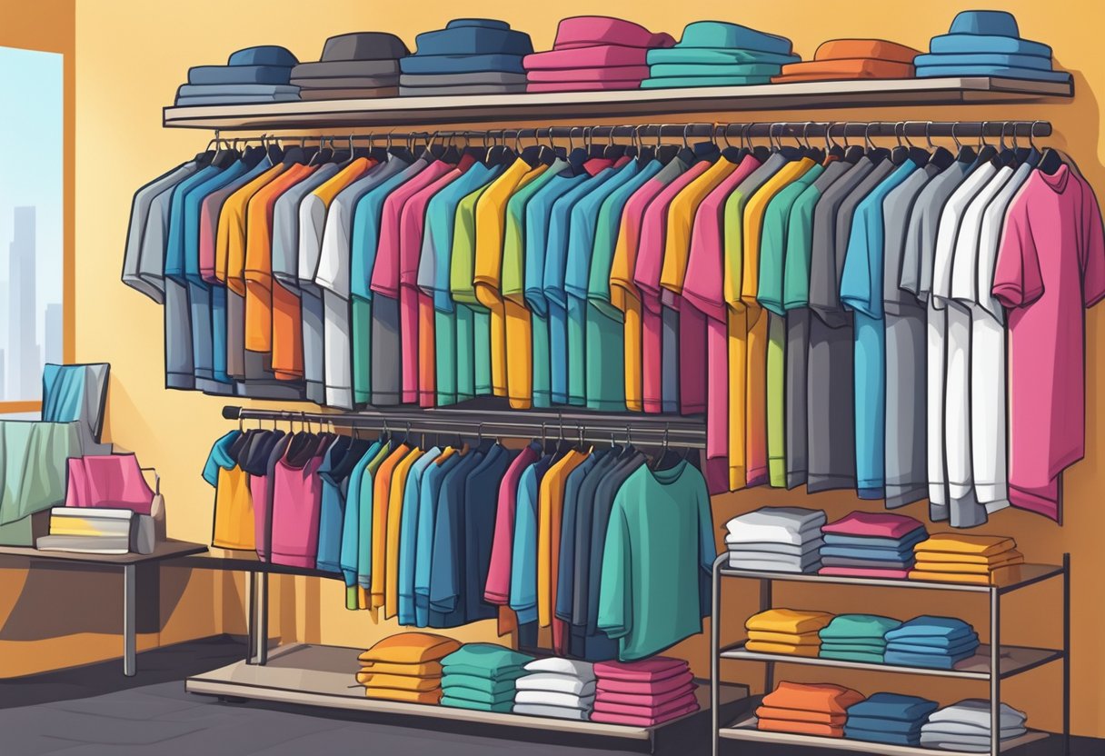 A colorful array of t-shirts displayed on racks in a trendy boutique, with various designs and styles catching the eye of potential customers