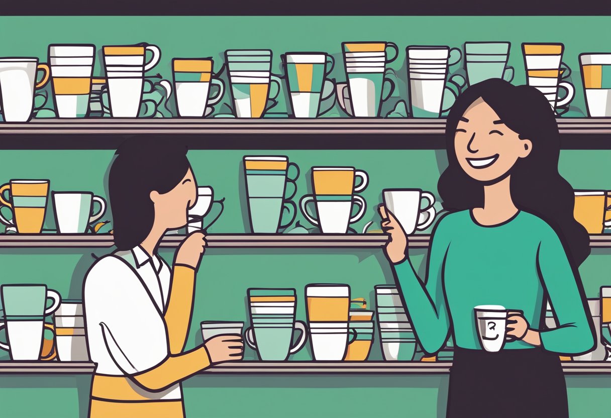 A stack of branded mugs on a shelf, with a salesperson engaging with a customer and another customer happily sipping from a mug