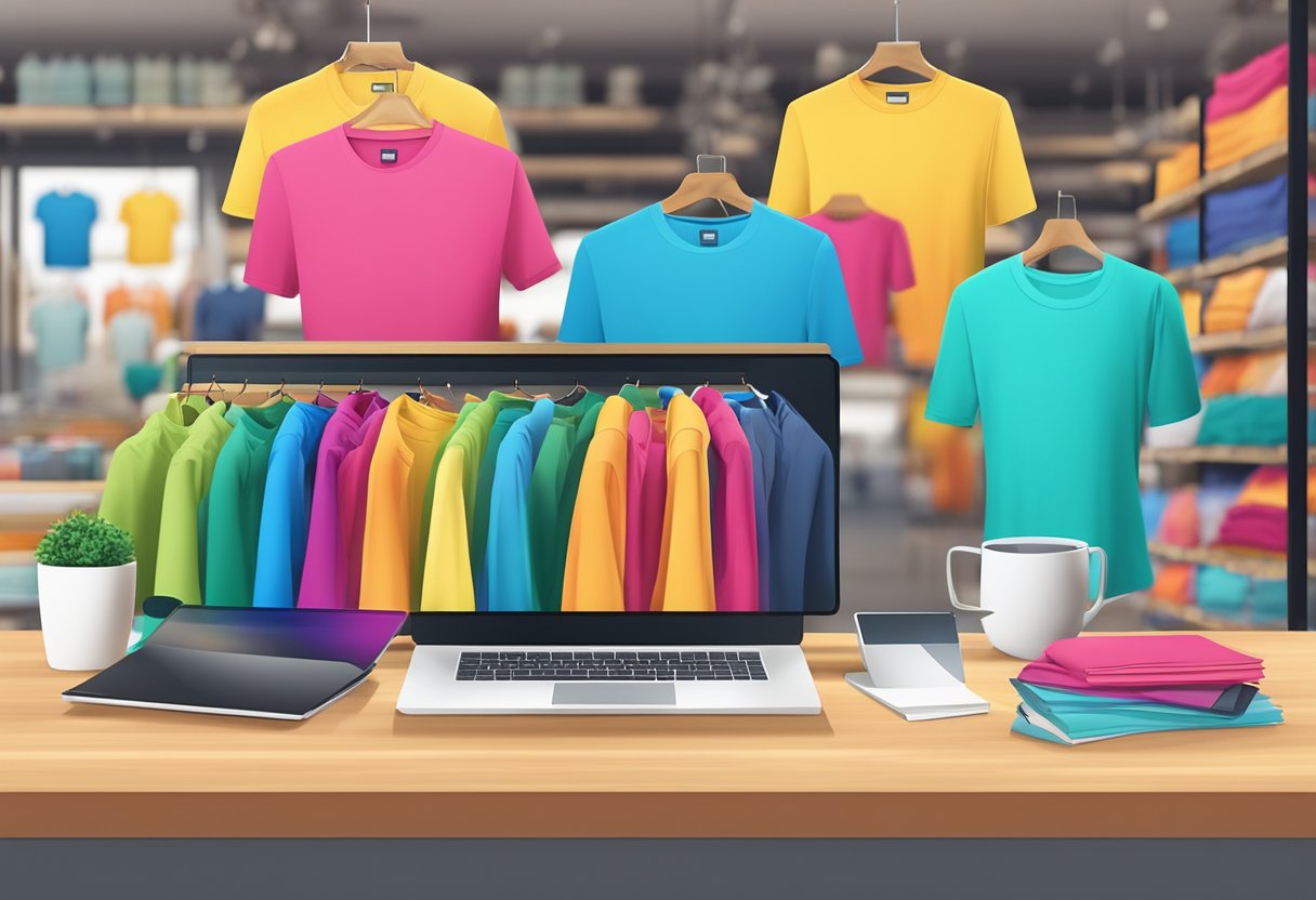 A table with colorful t-shirts, a laptop, and marketing materials displayed in a bright, modern store setting